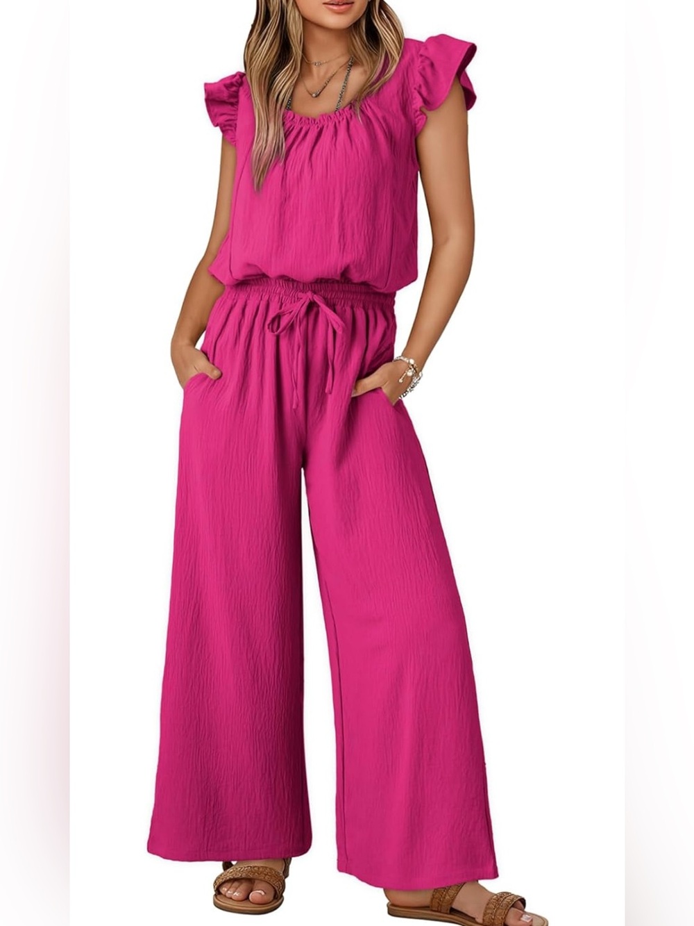 Like New Women’s Pink Jumpsuit with Drawstring Waist & Ruffle Sleeves, Medium - Picture 5 of 7
